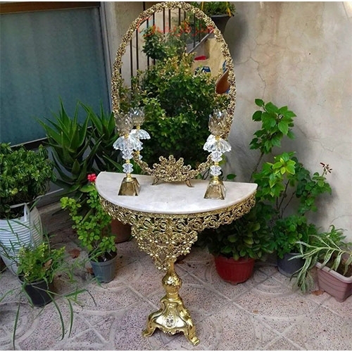 خرید آنلاین، ست کامل آینه شمعدان و میز کنسول آلیاژ، در دو رنگ طلایی و نقره ای با رنگ ثابت و کیفیت بالا | هنرظریف