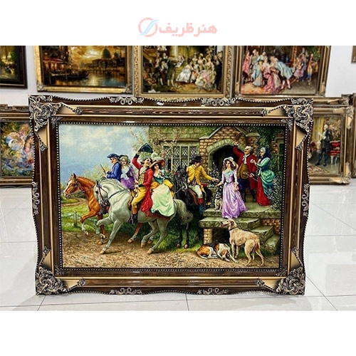 خرید، قیمت و مشخصات تابلو فرش دستبافت بدرقه عروس، چله ابریشم، قاب باکیفیت و دستساز، به قیمت بافنده اصل تبریز | هنرظریف