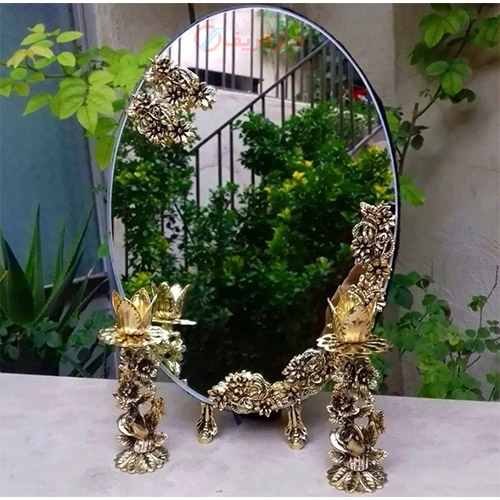 خرید آنلاین، سرویس آینه شمعدان هفت سین، گل مینا طلایی با کیفیت بالا، به قیمت تولیدی، زیر قیمت بازار | هنرظریف