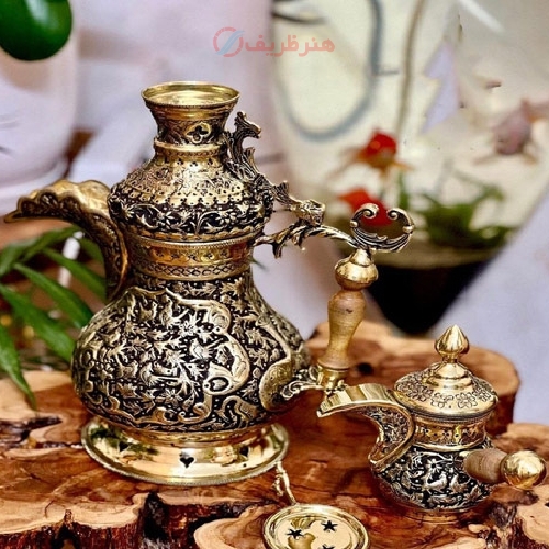 خرید، قیمت و مشخصات دله ذغالی به همراه قوری و جنس برنجی قلم زنی گل و مرغ طراحی عالی و جدید - هنرظریف