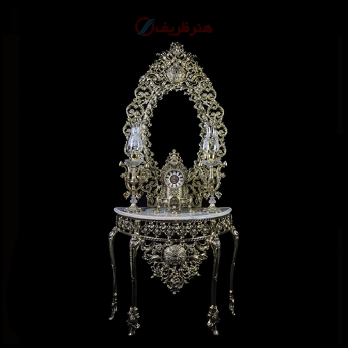 خرید، قیمت و مشخصات سرویس آینه کنسول بیضی طرح آبنوس جنس آلومینیوم و رنگ طلایی - هنرظریف