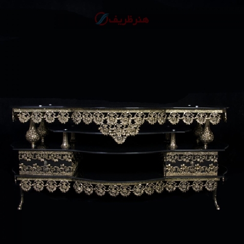 خریدف قیمت و مشخصات میز تلویزیون سه هلالی کوچک طرح رز تاج دار با جنس برنزی و پرداخت کاری شده - هنرظریف