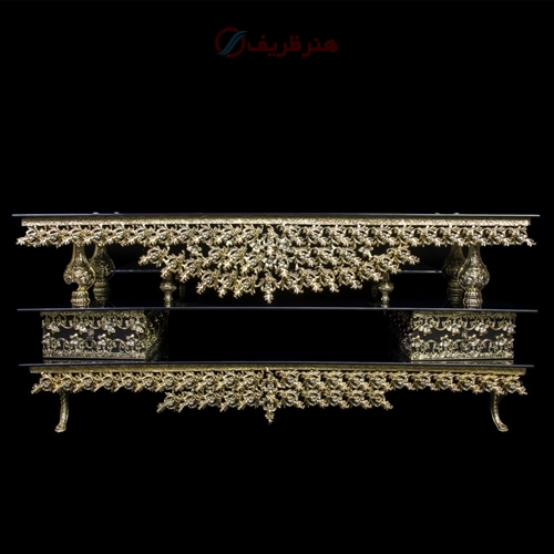 خرید، قیمت و مشخصات میز تلویزیون منحنی طرح یاس تاجدار، بدنه آلومینیوم و رنگ طلایی - هنرظریف
