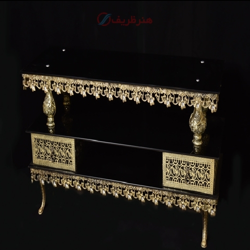 خرید، قیمت و مشخصات میز تلویزیون برنزی رنگ طلایی ثابت، طراحی شکیل و شیک - هنرظریف