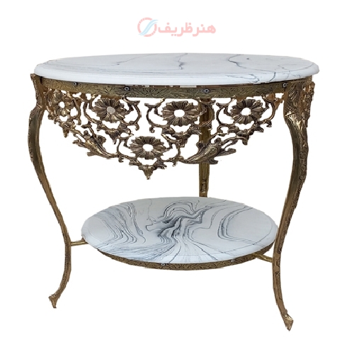 خرید، قیمت و مشخصات میز تلفن دو طبقه گرد، طرح گل با رویه سنگی و بدنه آلیاژ با دوام - هنرظریف