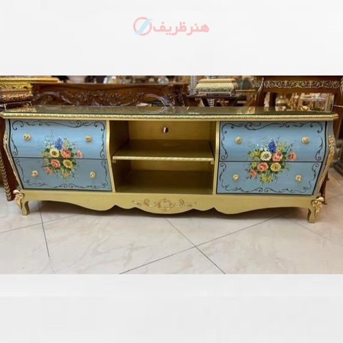 خرید، قیمت و مشخصات میز تلویزیون معرق کاری با بدنه طراحی شده و رنگ طلایی پولیشی، دارای گارانتی رنگ - هنرظریف