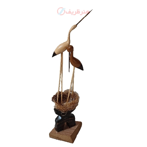خرید، قیمت و مشخصات مجسمه چوبی لک لک جفت، دو پای دست ساز بدنه ظریف کاری شده با چوب روس و کیفیت بی نظیر - هنرظریف