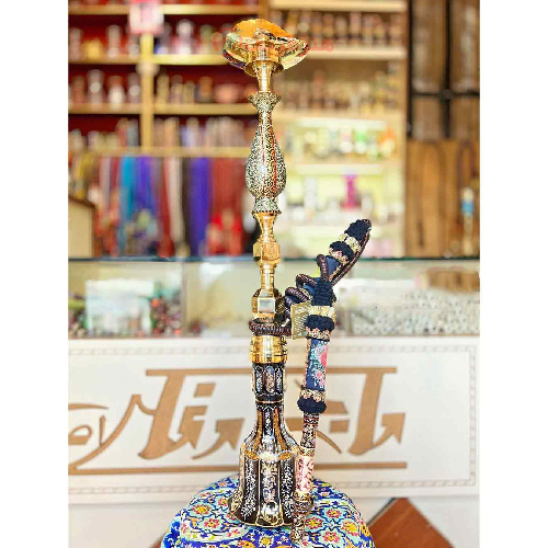 خرید، قیمت و مشخصات قلیان برنجی گلدان دار خاتم کاری، شیشه دو پوست طلاکاری، گارانتی 10 ساله ارزان و باکیفیت _ هنرظریف