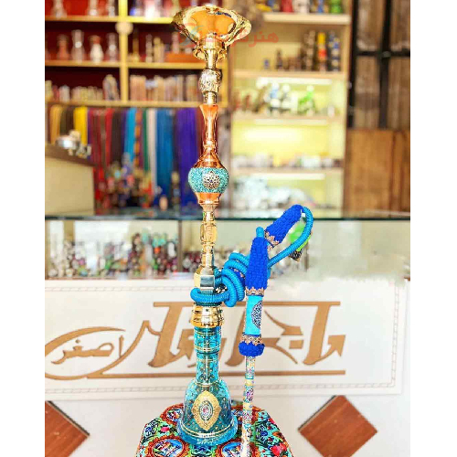 خرید، قیمت و مشخصات قلیان کامل برنجی گلدان فیروزه کوب، شیشه نقاشی طرح ترنج ارزان و باکیفیت _ هنرظریف