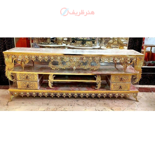 خرید، قیمت و مشخصات  میز تلویزیون برنزی طرح گل آفتابگردان دارای چهار کشو، طاووس دار ارزان و باکیفیت _ هنرظریف