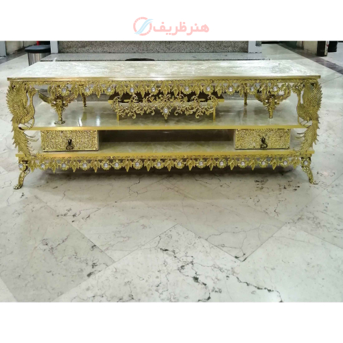 خرید، قیمت و مشخصات میز تلویزیون  برنزی دو طبقه دارای دو کشو و صفحه هایگلاس ارزان و باکیفیت _ هنرظریف