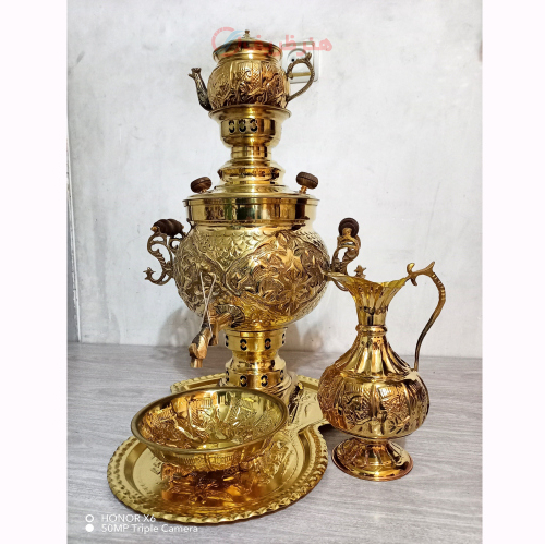 خرید، قیمت و مشخصات سرویس 5 پارچه سماور زغالی برنجی 6 لیتری با کیفیت درجه یک، زیر قیمت بازار  _ هنرظریف