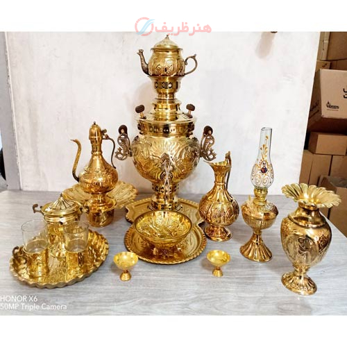 خرید، قیمت و مشخصات سرویس 14 پارچه سماور زغالی برنجی شش لیتری، کیفیت عالی، زیر قیمت بازار _ هنرظریف