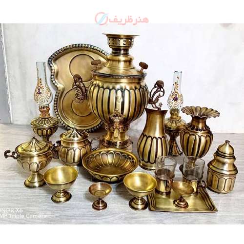 خرید، قیمت و مشخصات سرویس 16 پارچه سماور ذغالی برنجی 6 لیتری، طرح خطی، زیر قیمت بازار _ هنرظریف