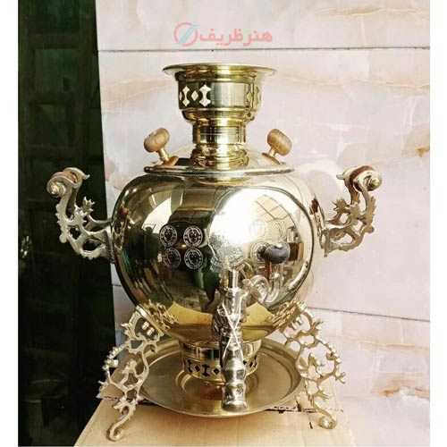 خرید، قیمت و مشخصات سماور سه پایه ذغالی برنجی 6 لیتری، در 2 طرح ساده و پخدار آینه ای _ هنرظریف