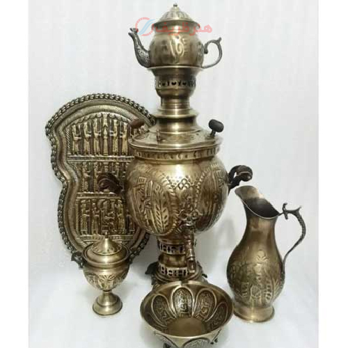 خرید، قیمت و مشخصات سرویس 6 پارچه سماور ذغالی برنجی، 6 لیتری، توپی قلم دسته شاخ، کیفیت اعلاء _ هنرظریف