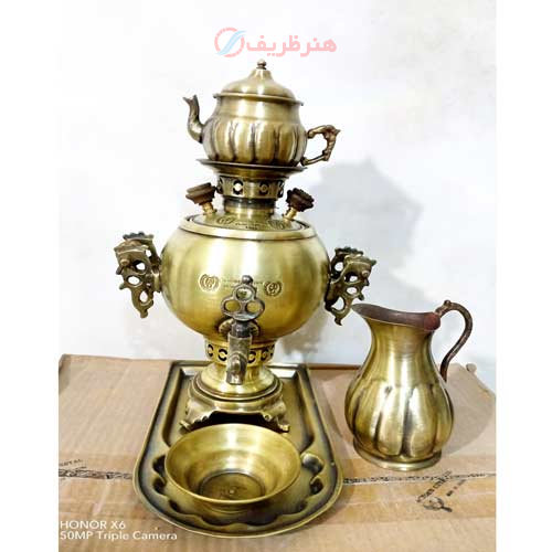 خرید، قیمت و مشخصات سرویس سماور برنجی ذغالی، 1 لیتری توپی، دسته طرح خروس، زیر قیمت بازار _ هنرظریف