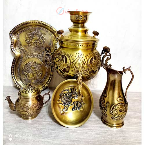 خرید، قیمت و مشخصات ست 5 پارچه سماور ذغالی، 6 لیتری، مدل توپی دسته ماری ارزان و با کیفیت _ هنرظریف