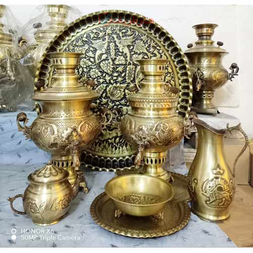 خرید، قیمت و مشخصات سرویس سماور ذغالی برنجی، 3 و 4 لیتری عدسی، دسته توری با ضمانت معتبر _ هنرظریف