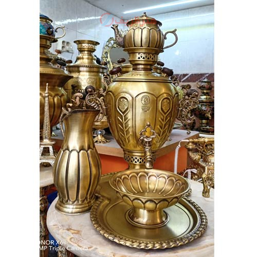 خرید، قیمت و مشخصات سرویس 5 پارچه سماور ذغالی برنجی 5 لیتری، مدل آناناسی طرح روس با کیفیت عالی _ هنرظریف