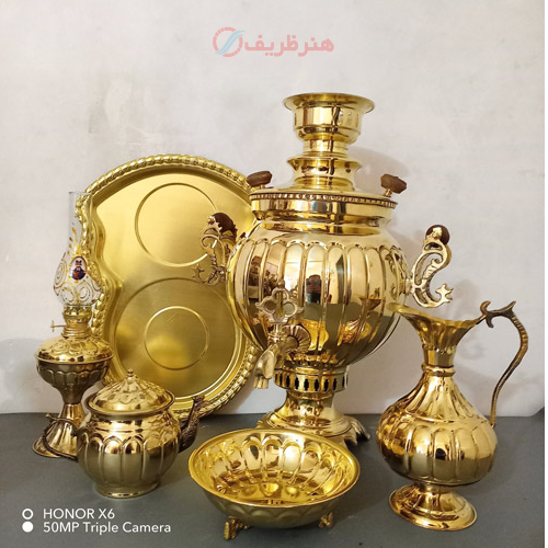 خرید، قیمت و مشخصات سرویس 6 پارچه سماور ذغالی برنجی 6 لیتری، دسته ماری، قالب بزرگ با ضمانت  _ هنرظریف