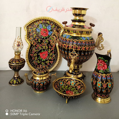 خرید، قیمت و مشخصات سرویس 6 پارچه سماور ذغالی برنجی 6 لیتری توپی آینه، میناکاری با ضمانت معتبر  _ هنرظریف