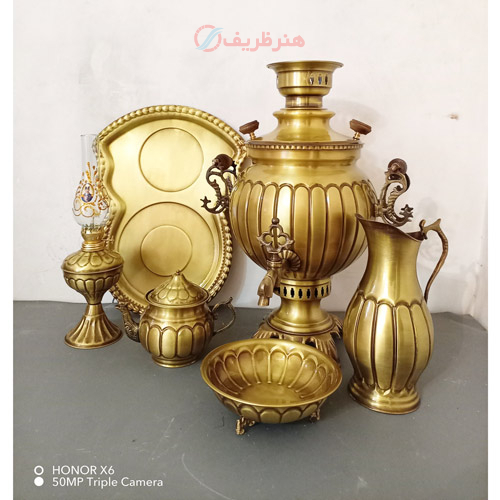 خرید، قیمت و مشخصات سرویس 6 پارچه سماور ذغالی برنجی 6 لیتری توپی آینه، قالب بزرگ با ضمانت معتبر _ هنرظریف