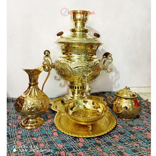 خرید، قیمت و مشخصات سرویس 5 پارچه سماور ذغالی برنجی 7 لیتری، استکانی قلم با ضمانت معتبر _ هنرظریف