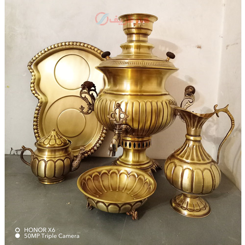 خرید، قیمت و مشخصات سرویس 5 پارچه سماور ذغالی برنجی 7 لیتری استکانی، آینه دسته ماری با گارانتی معتبر _ هنرظریف