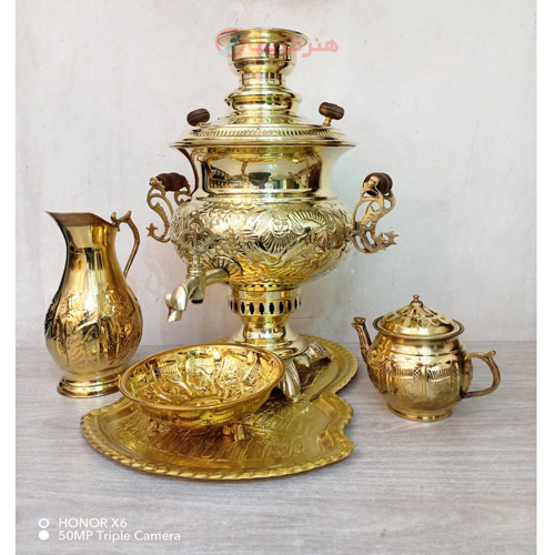 خرید، قیمت و مشخصات سرویس 5 پارچه سماور ذغالی برنجی 7 لیتری قلم شیر و خورشید، دسته توری با گارانتی تعویض _ هنرظریف