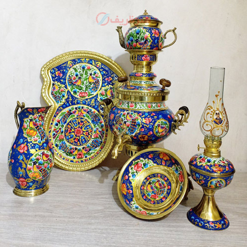 خرید، قیمت و مشخصات سرویس 6 پارچه سماور ذغالی برنجی میناکاری بسیار زیبا، تمام نقاشی با گارانتی تعویض _ هنرظریف
