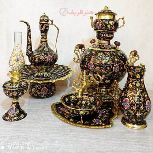 خرید، قیمت و مشخصات سرویس 7 پارچه سماور ذغالی برنجی توپی، میناکاری تمام نقاشی با گارانتی تعویض _ هنرظریف