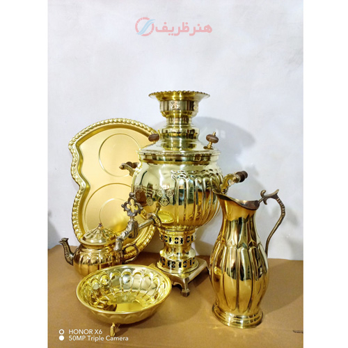 خرید، قیمت و مشخصات سرویس 5 پارچه سماور ذغالی برنجی، 6 لیتری، توپی سنگین با کیفیت عالی و گارانتی تعویض _ هنرظریف