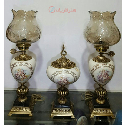 خرید، قیمت و مشخصات ست چراغ سرامیکی و آجیل خوری تمام برنج در پنج رنگ، ارزان و با کیفیت _  هنرظریف
