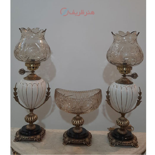 خرید، قیمت و مشخصات ست چراغ و آجیل خوری کریستال تمام برنج مدل جدید، ارزان و با کیفیت _  هنرظریف