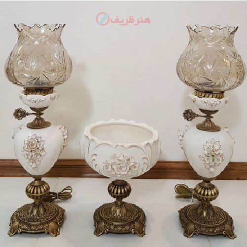 خرید، قیمت و مشخصات ست چراغ لامپا و میوه خوری گل برجسته تمام برنجی آنتیک، ارزان و با کیفیت _ هنرظریف
