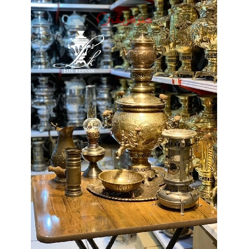 خرید، قیمت و مشخصات سماور زغالی برنجی، 6 لیتر، مدل توپی، قلم کاری شیر خورشید، ورق ضخیم ارزان و باکیفیت _ هنرظریف