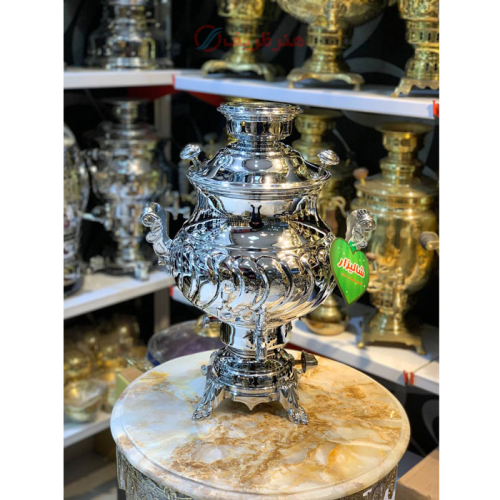 خرید، قیمت و مشخصات سماور گازی 8 لیتری مدل گلابی ترک دار، آب کروم شده درجه 1 ارزان و باکیفیت _ هنرظریف