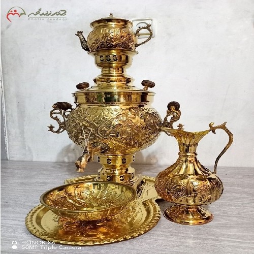 خرید آنلاین، سماور ذغالی 6 لیتری تبریز با پارچ رومی زیبا و رنگ ثابت، قلم زنی منحصر به فرد، زیر قیمت بازار | هنرظریف