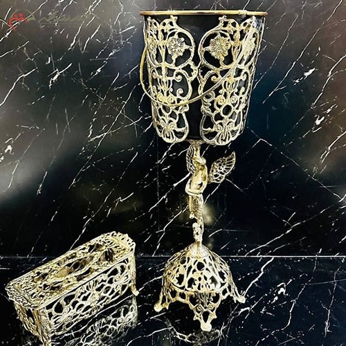 خرید آنلاین، سطل و جا دستمالی بزرگ برنزی، طرح فرشته بالدار ایستاده و گل زیبای یاس، شیک و بادوام، زیر قیمت بازار | هنرظریف