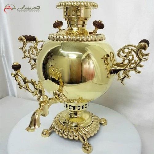 خرید، قیمت و مشخصات سماور 8 لیتری ذغالی طلایی با ضمانت دوام رنگ و طراحی بدنه ی کروی شکل مات، با پایه های شبکه ای، زیر قیمت بازار | هنرظریف