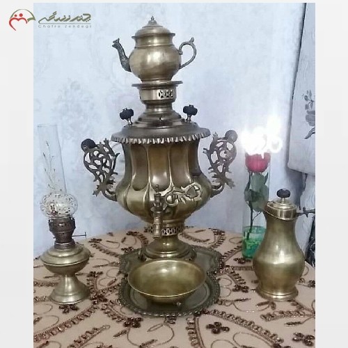 خرید آنلاین، سماور ذغالی برنجی با ورق 1 میل، مدل امپراتور دسته شاخ گوزنی با رنگ آنتیک، زیر قیمت بازار | هنرظریف