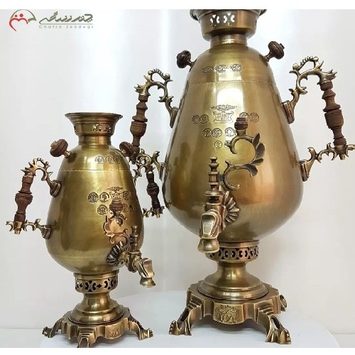 خرید آنلاین، سماور 2، 4، 6 و 8 لیتری ذغالی برنجی کد 114 مدل خمره ای، رنگ آنتیک و دسته های مدل دلبر، دارای گارانتی، با قیمت عالی | هنرظریف