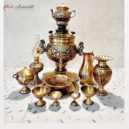 خرید آنلاین،سرویس کامل 12 پارچه سماور ذغالی برنجی 6 لیتری تبریز با بدنه کار شده، بدون تغییر رنگ، زیر قیمت بازار | هنرظریف