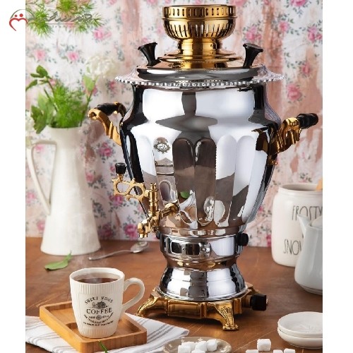 خرید آنلاین، سماور 6 لیتری گازی استیل  کد 115 با طراحی سنتی و آنتیک پیلوت دار  در طرح نگین با رنگ طلایی و سیلور، ضمانت رنگ بدنه، زیر قیمت بازار | هنرظریف