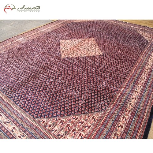 خرید آنلاین، فرش دستبافت ساروق میر کد 39265  با طرح زمینه ترنج، متن سرمه ای و حاشیه های کرم رنگ، با قیمت عالی | هنرظریف