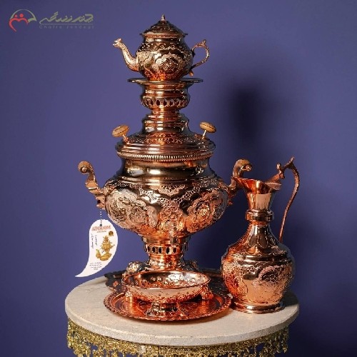 خرید آنلاین، سماور زغالی برنجی آبکاری مس، طرح گل مرغ، پر نقش و نگار، خیره کننده با ضمانت 5 ساله، زیر قیمت بازار | هنرظریف