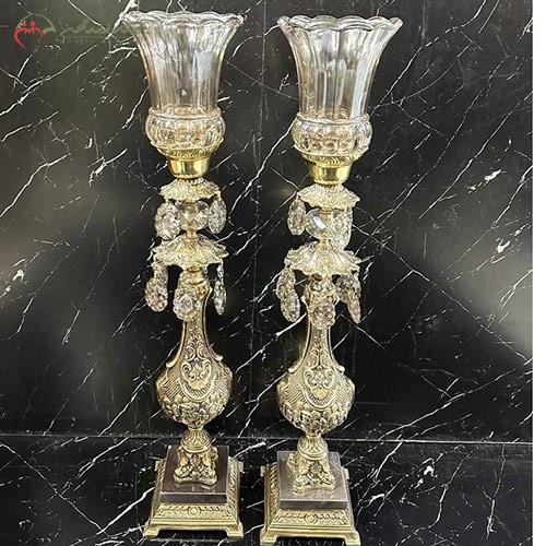 خرید آنلاین، شمعدان های بلند برنزی  مدل دایکاست با لاله های شیشه ای طرح خطی، زیبا، زیر قیمت بازار | هنرظریف