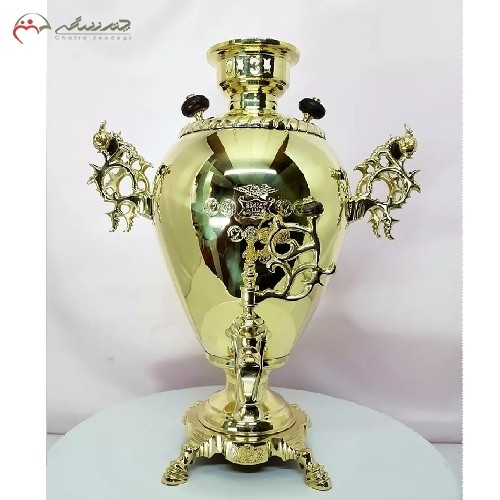 خرید آنلاین، سماور 6 لیتری ذغالی برنجی ریخته گری شده با کد 114، مدل خمره ای با پایه های شبکه ای، رنگ آنتیک و طلایی، بسیار براق و درخشان، زیر قیمت بازار | هنرظریف