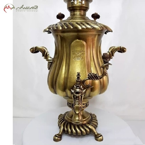 خرید، قیمت و مشخصات سماور ذغالی 8 لیتری طلایی و آنتیک دارای ضمانت رنگ و دوام بدنه، با دسته های مدل یاقوت، زیر قیمت بازار | هنرظریف